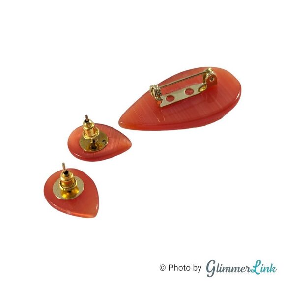 Cat's Eye Orange Glass Teardrop Gold Tone Brooch Earrings Jewelry Set - Picture 7 of 10